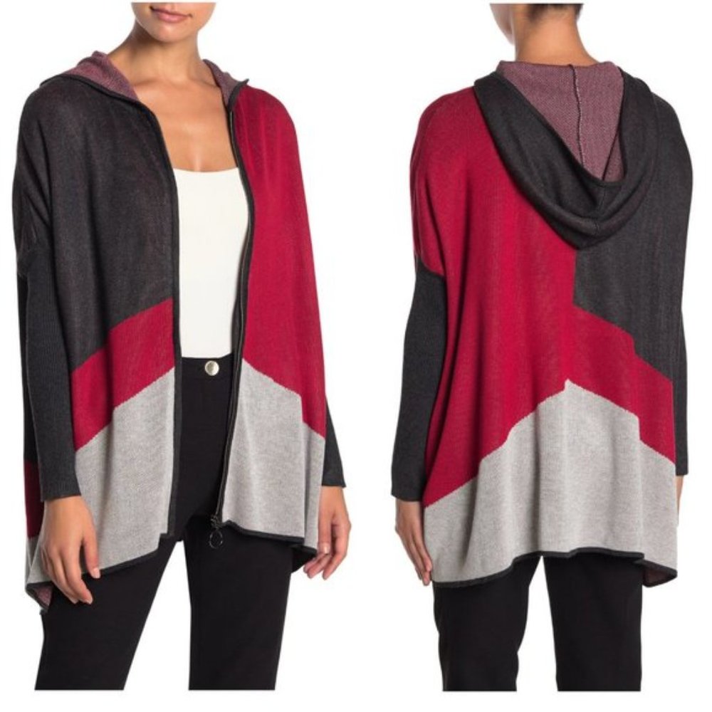NEW JOSEPH A Colorblock Hooded Zip Front Sweater L